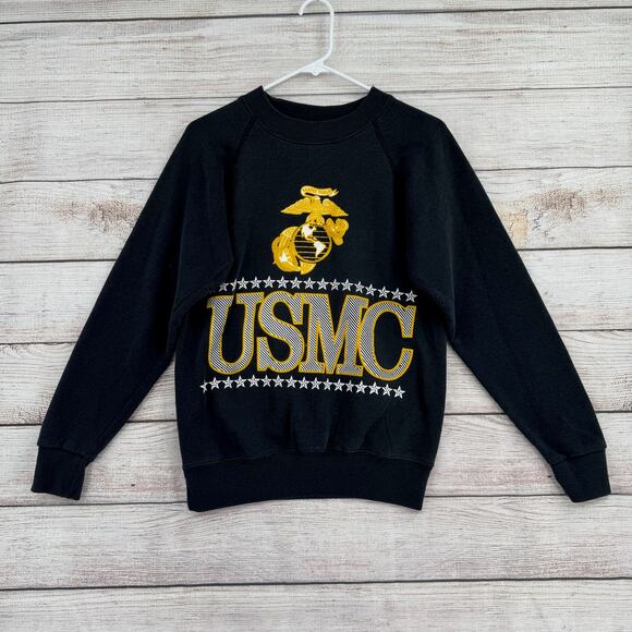 Vintage 90s USMC Crewneck Sweatshirt Mens Medium Black Yellow Soffe Sweats - Picture 1 of 7